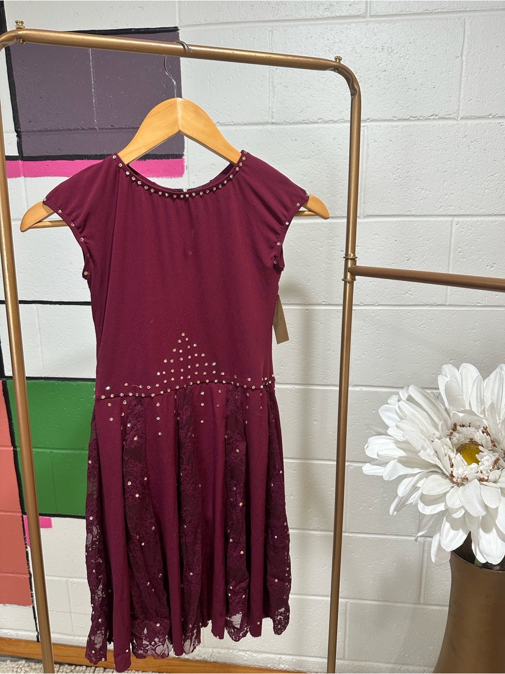 Weissman Wine Lace Dress with Studded Accents
